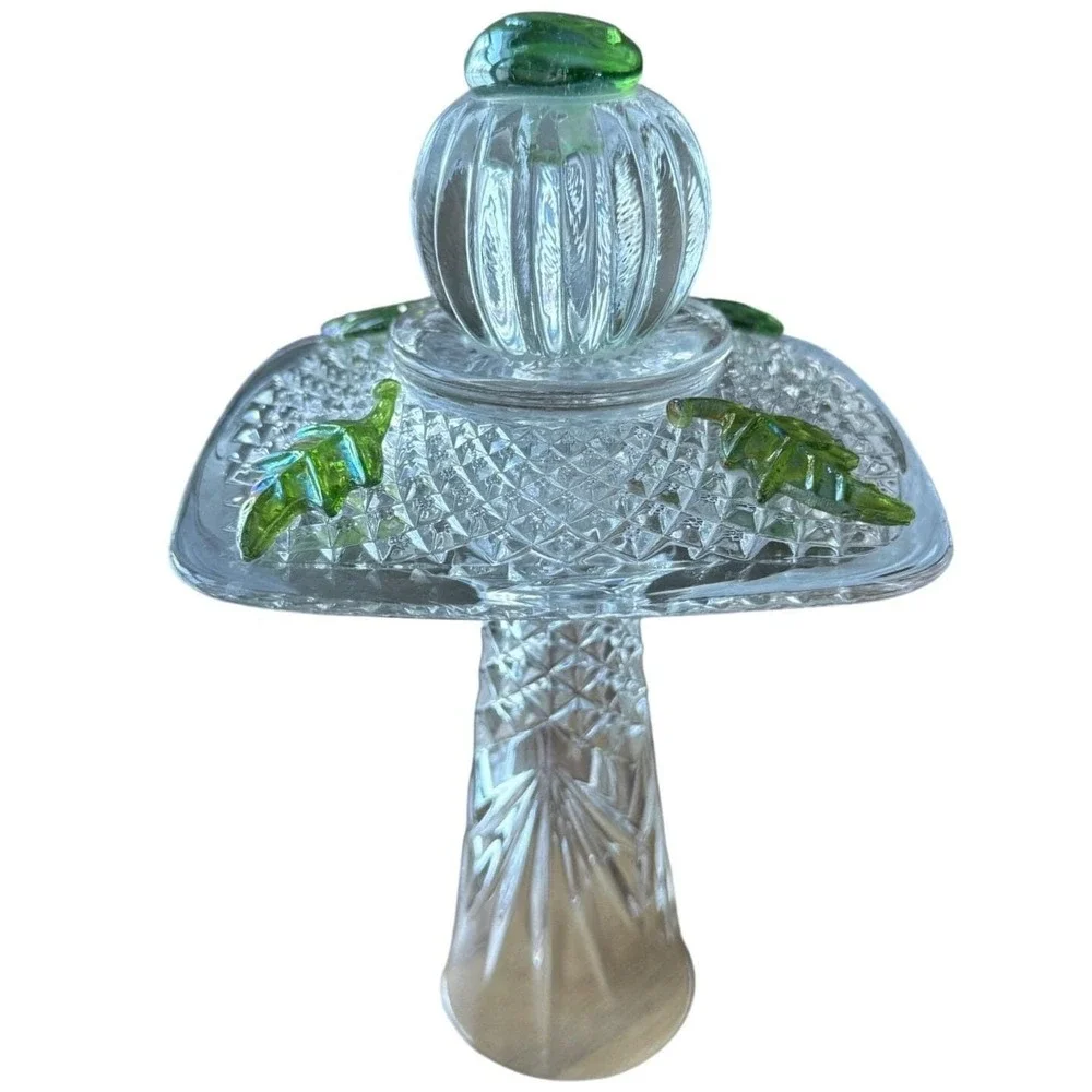 Vintage Pressed Glass Pedestal Stand Green‎ Leaf Jewelry Display Cottagecore
